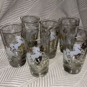 1950's Libbey Unicorns Glass Tumblers‎ Set of 3 MCM Barware Gold & White Etching